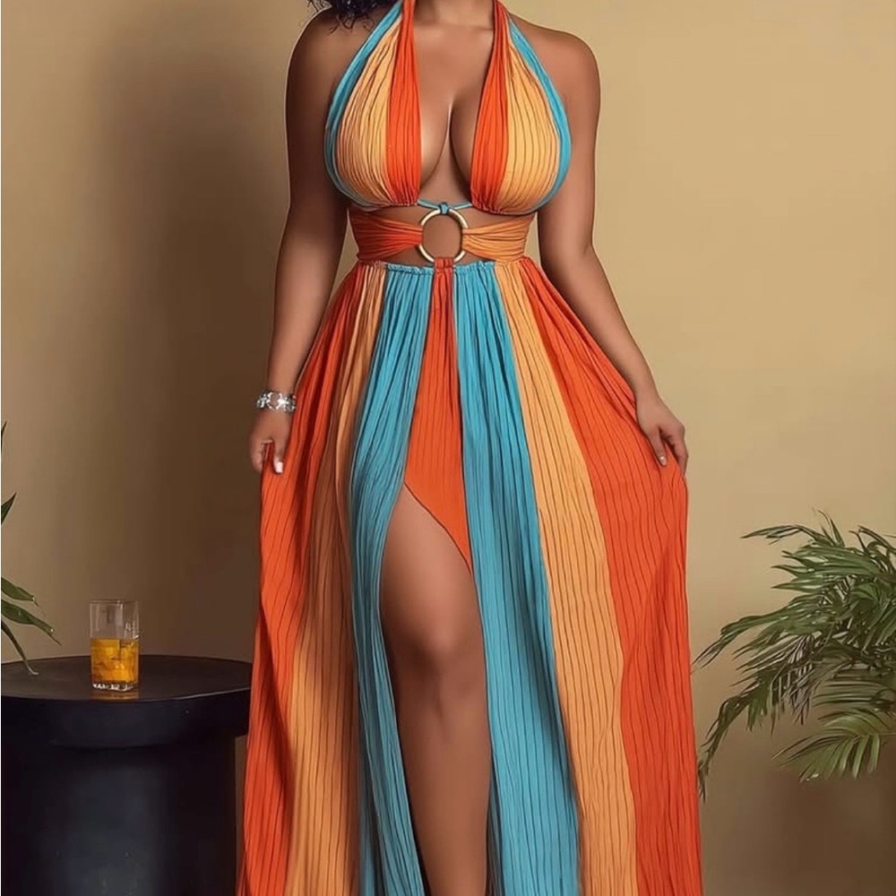 Vibrant Orange and Blue Halter Maxi Dress